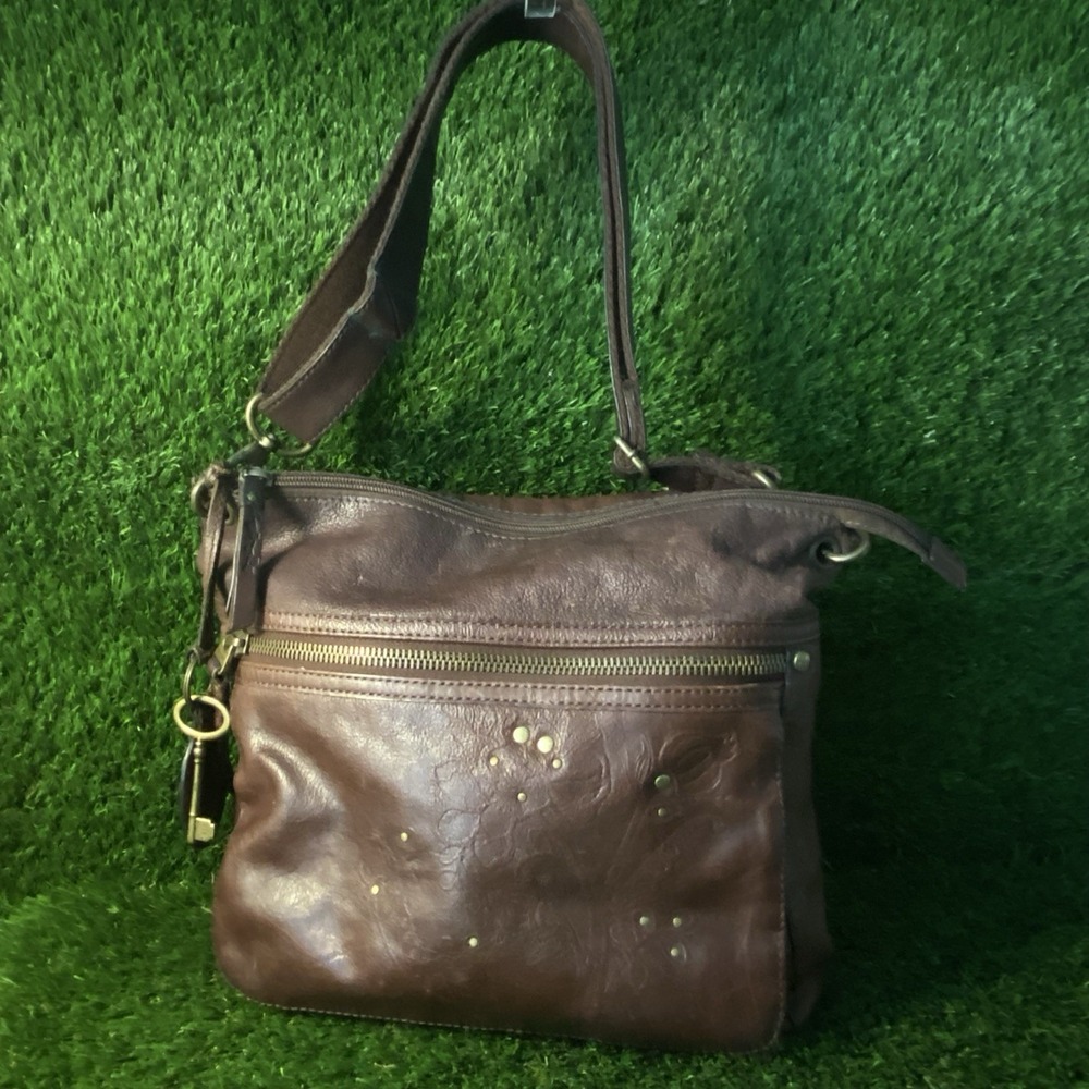 Fossil Brown Leather Crossbody Retro Embossed Studded Floral Design